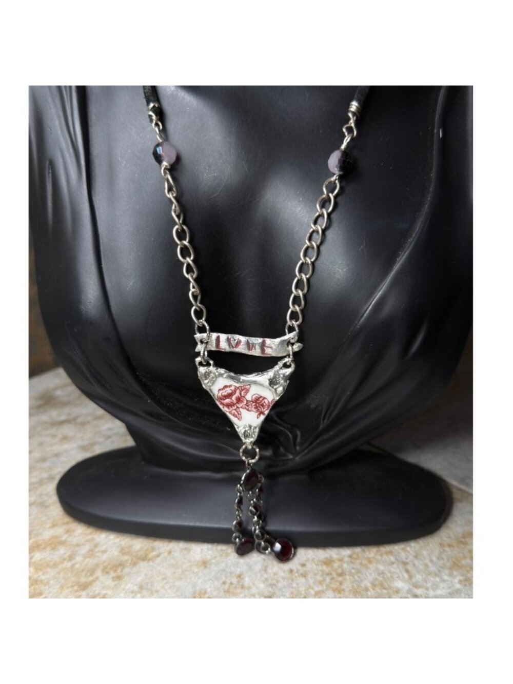 Repurposed Porcelain Love Banner Necklace - Vintage Garnet Tassel - Silver Chain - Picture 3 of 15